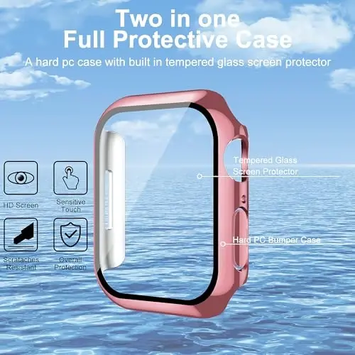 Smiling 2 Pack Case Compatible with Apple Watch Series 9/8/7 41mm with Tempered Glass Screen Protector, Hard PC Case Overall Protective Cover- 1 Rose Pink + 1 Transparent - 3