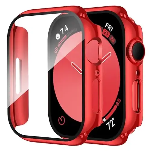 Smiling 2 Pack Case Compatible with Apple Watch Series 9/8/7 41mm with Tempered Glass Screen Protector, Hard PC Case Overall Protective Cover- 1 Red + 1 Transparent - 1