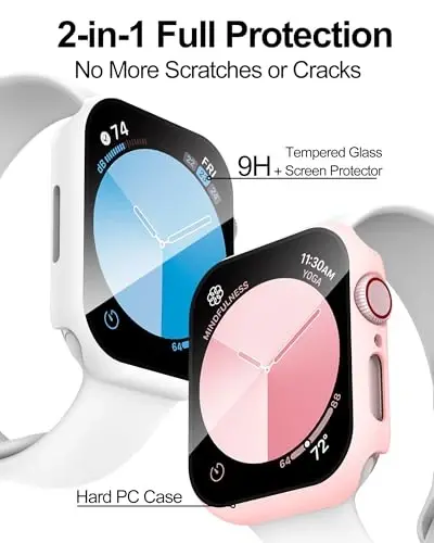 Smiling 2 Pack Case Compatible with Apple Watch Series 9/8/7 45mm with Tempered Glass Screen Protector, Hard PC Case Overall Protective Cover- 1 Sand Pink + 1 White - SMILING (1)