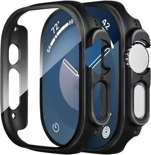 Smiling 2 Pack Case Compatible with Apple Watch Ultra 3(2025)/ Ultra 2 /Ultra 49mm with Tempered Glass Screen Protector, Hard PC Case Scratch-Resistant Overall Protective Cover - Black - SMILING