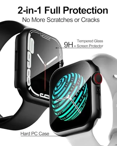 Smiling 2 Pack Case Compatible with Apple Watch Series 9/8 /7 45mm withTempered Glass Screen Protector, Hard PC Case Overall Protective Cover- Black - SMILING (1)