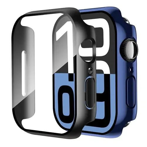 Smiling 2 Pack Case Compatible with Apple Watch Series 11 (2025)/Series 10 46mm with Tempered Glass Screen Protector, Hard PC Case Scratch-Resistant Overall Protective Cover- 1 Black + 1 Blue - 1