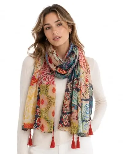 YOUR SMILE Large Boho Scarf for Women Lightweight Floral Printed Scarves Fall Winter Fashion Fringed Shawl wraps - YOUR