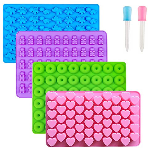 Gummy Bear Candy Molds Silicone, Gummy Molds with 2 Droppers, Non-stick Silicone Candy Molds Including Mini Dinosaur, Bear Shape, Hearts and Mini Donut, Set of 4 - WARM TIME