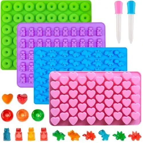Gummy Bear Candy Molds Silicone, Gummy Molds with 2 Droppers, Non-stick Silicone Candy Molds Including Mini Dinosaur, Bear Shape, Hearts and Mini Donut, Set of 4 - 1