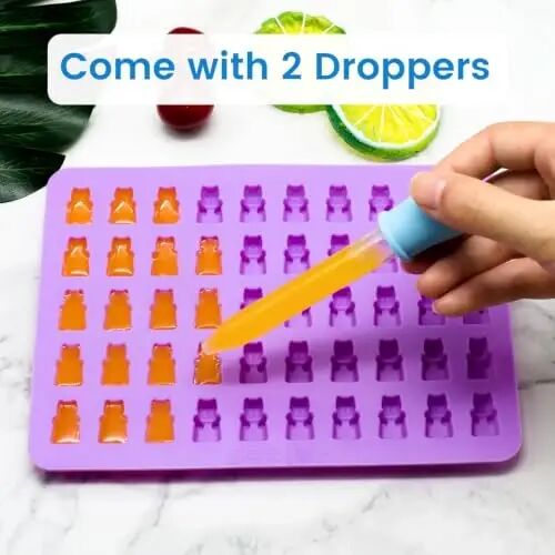 Gummy Bear Candy Molds Silicone, Gummy Molds with 2 Droppers, Non-stick Silicone Candy Molds Including Mini Dinosaur, Bear Shape, Hearts and Mini Donut, Set of 4 - 3
