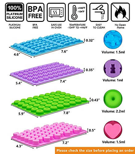 Gummy Bear Candy Molds Silicone, Gummy Molds with 2 Droppers, Non-stick Silicone Candy Molds Including Mini Dinosaur, Bear Shape, Hearts and Mini Donut, Set of 4 - 2