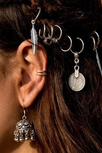 Gümüş Bohem Tüy Saç Küpe Toka Seti - BAHELS