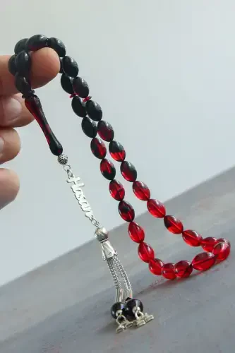 Gümüş İsimli Tesbih Ateş Kehribar Harfli Tesbih Soru & Cevap Alanından Isim Belirtiniz-Kırmızı Siyah - TESBIH OTAĞI (1)