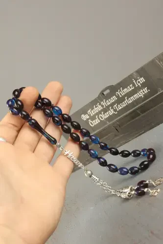 Gümüş Isimli Tesbih Ateş Kehribar Harfli Tesbih Soru & Cevap Alanından Isim Belirtiniz-Mavi Siyah - TESBIH OTAĞI (1)