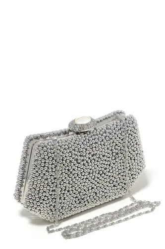 Gümüş Renk İncili Abiye Çanta Sedef Renk Gelin Çantası Abiye Çanta Gece Çantası Portföy Clutch-Gümüş - 3