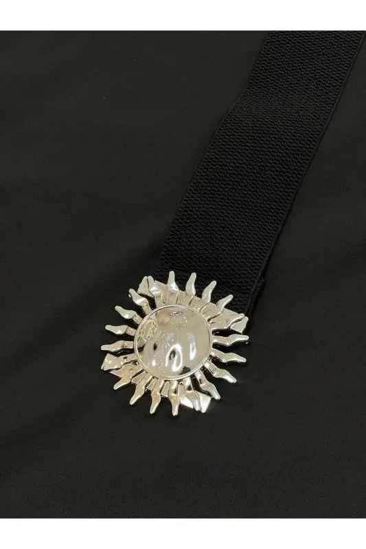 Gümüş Tokalı Geçmeli Elastik Kadın Kemeri, Ceket Kemeri, Gömlek Kemeri, Elbise Kemeri - Siyah-Silver - 5