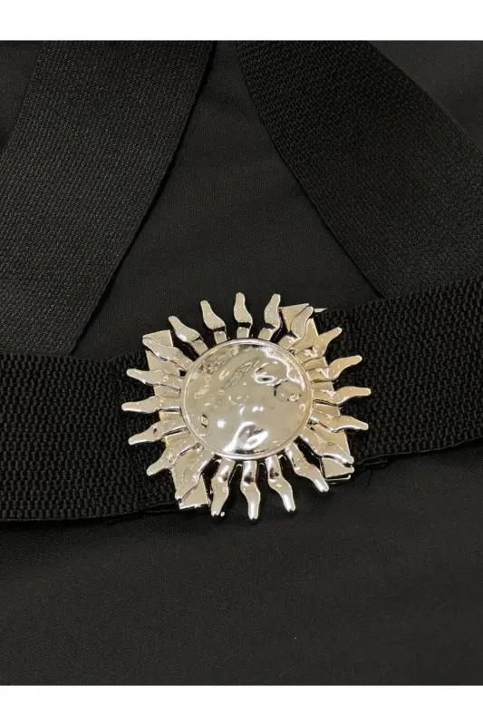 Gümüş Tokalı Geçmeli Elastik Kadın Kemeri, Ceket Kemeri, Gömlek Kemeri, Elbise Kemeri - Siyah-Silver - 6