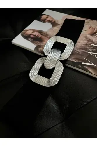 Gümüş Tokalı Geçmeli Elastik Kadın Kemeri, Ceket Kemeri, Gömlek Kemeri, Elbise Kemeri-Siyah - 5