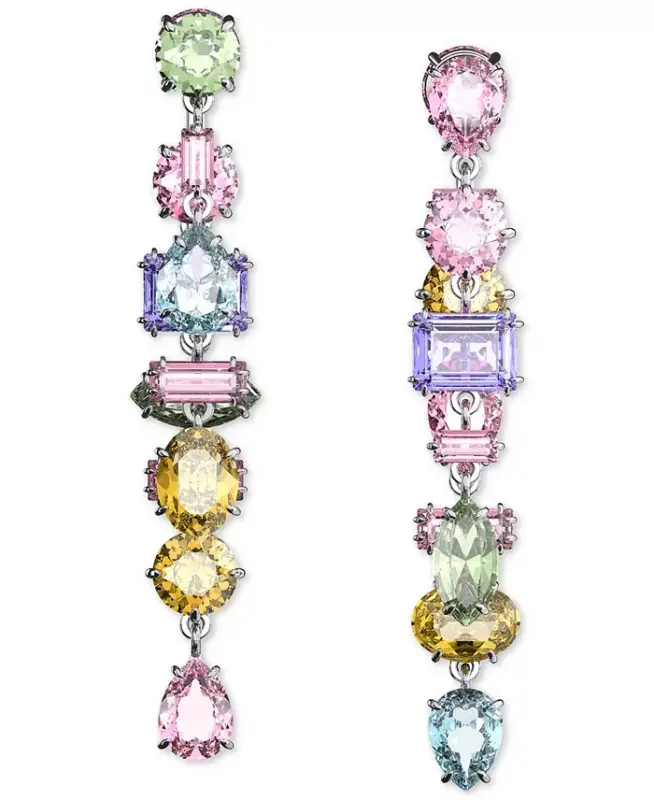 Silver-Tone Crystal Mixed Cut Front & Back Asymmetrical Drop Earrings-Multicolored - 2