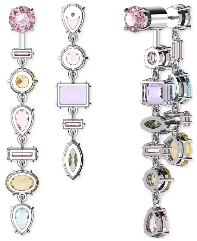 Silver-Tone Crystal Mixed Cut Front & Back Asymmetrical Drop Earrings-Multicolored - 4
