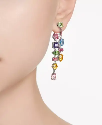 Silver-Tone Crystal Mixed Cut Front & Back Asymmetrical Drop Earrings-Multicolored - 5