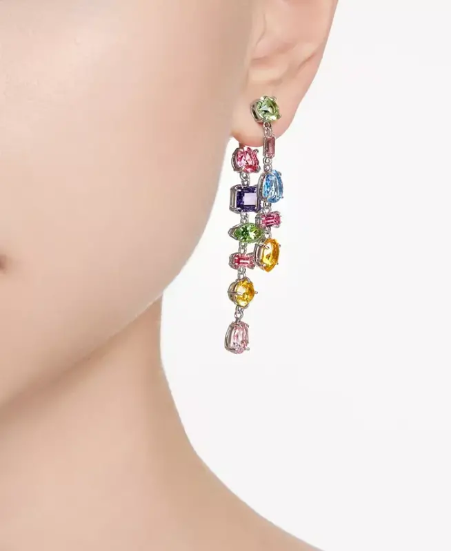 Silver-Tone Crystal Mixed Cut Front & Back Asymmetrical Drop Earrings-Multicolored - 5