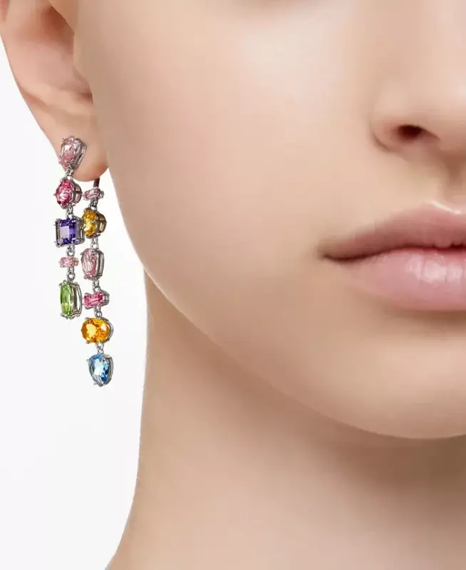 Silver-Tone Crystal Mixed Cut Front & Back Asymmetrical Drop Earrings-Multicolored - 6