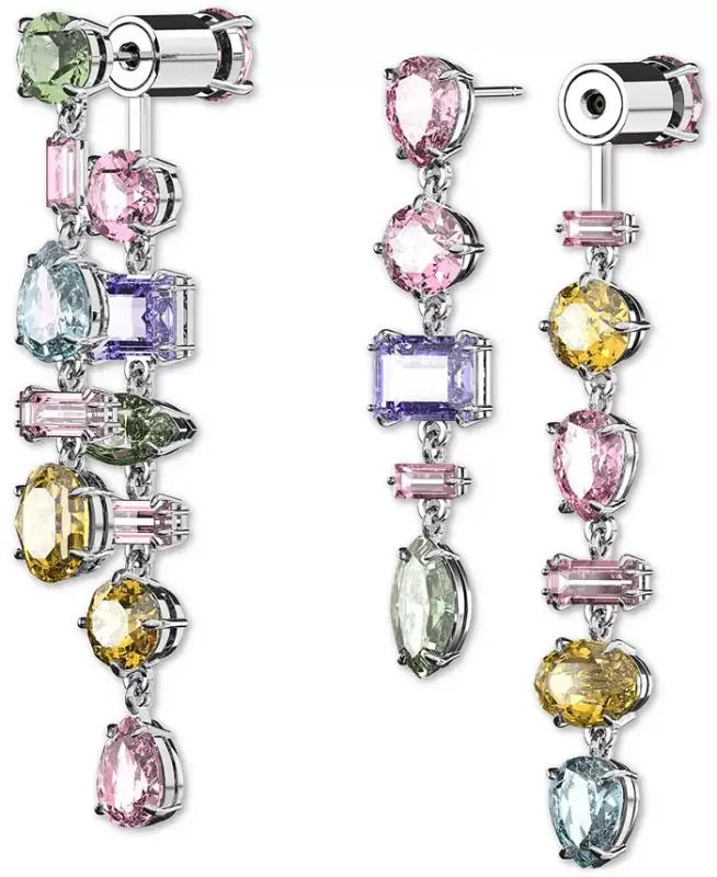 Silver-Tone Crystal Mixed Cut Front & Back Asymmetrical Drop Earrings - Multicolored - 3