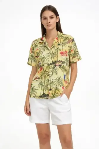 Gün Batımı Tropikal Desenli Kısa Kol Gömlek Şort Takım Yazlık Rahat Kalıp - Desenli - 1