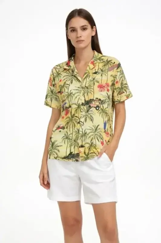 Gün Batımı Tropikal Desenli Kısa Kol Gömlek Şort Takım Yazlık Rahat Kalıp - Desenli - BÜYÜKBEDENIZ