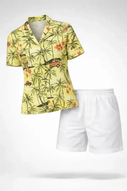 Gün Batımı Tropikal Desenli Kısa Kol Gömlek Şort Takım Yazlık Rahat Kalıp - Desenli - 2