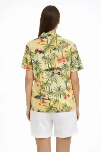 Gün Batımı Tropikal Desenli Kısa Kol Gömlek Şort Takım Yazlık Rahat Kalıp - Desenli - 3