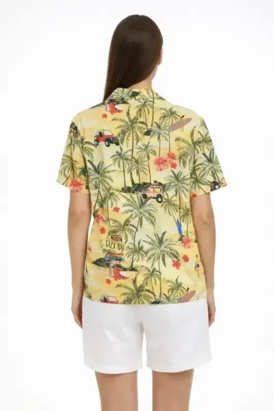 Gün Batımı Tropikal Desenli Kısa Kol Gömlek Şort Takım Yazlık Rahat Kalıp - Desenli - 3