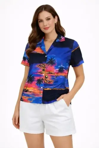 Gün Batımı Tropikal Desenli Kısa Kol Gömlek Şort Takım Yazlık Rahat Kalıp - Desenli - 1