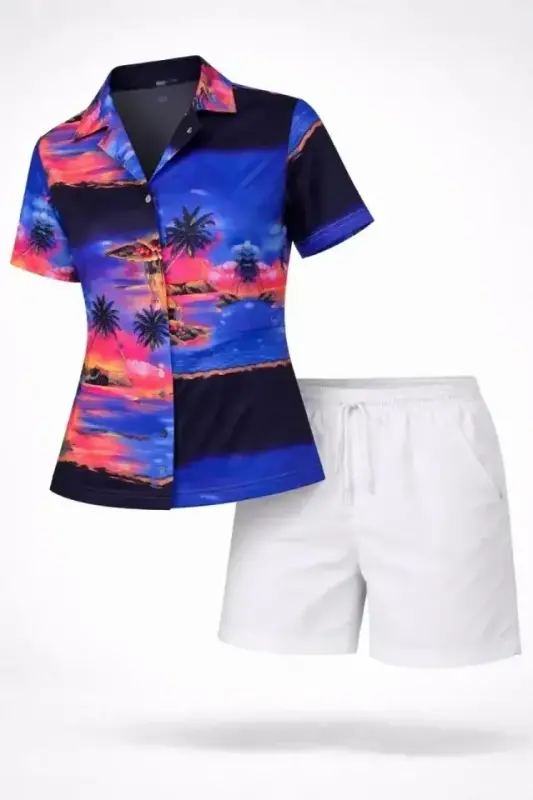 Gün Batımı Tropikal Desenli Kısa Kol Gömlek Şort Takım Yazlık Rahat Kalıp - Desenli - 2