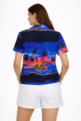 Gün Batımı Tropikal Desenli Kısa Kol Gömlek Şort Takım Yazlık Rahat Kalıp - Desenli - 3