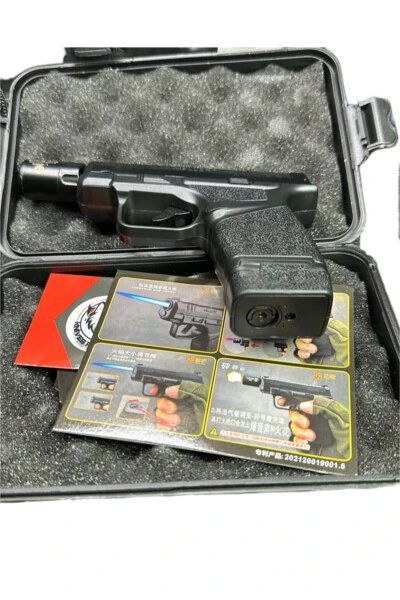 Gun-Shaped Windproof Lighter Black Steel Refillable Boxed - 10