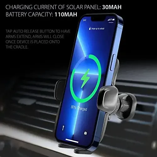 Solar Powered Air Vent Mount with 360 Degree Rotation, Auto Touch Release and Lock Cradle Compatible to iPhones Samsung Galaxy, Note, Motorola Moto, Google Pixel (Full Size Air Vent) - 2
