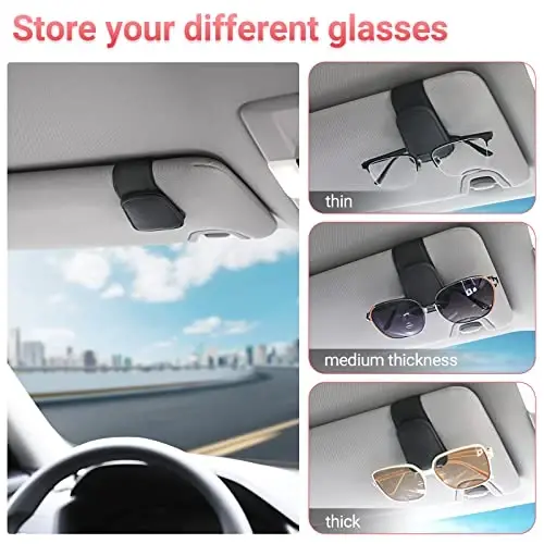 KanSmart Sunglass Holder for Car Sun Visor, Magnetic Sunglasses Clip, Leather Glasses Eyeglass Holder and Ticket Card Clip, Auto Interior Accessories Universal for Car SUV Truck Pickup -Black - 3