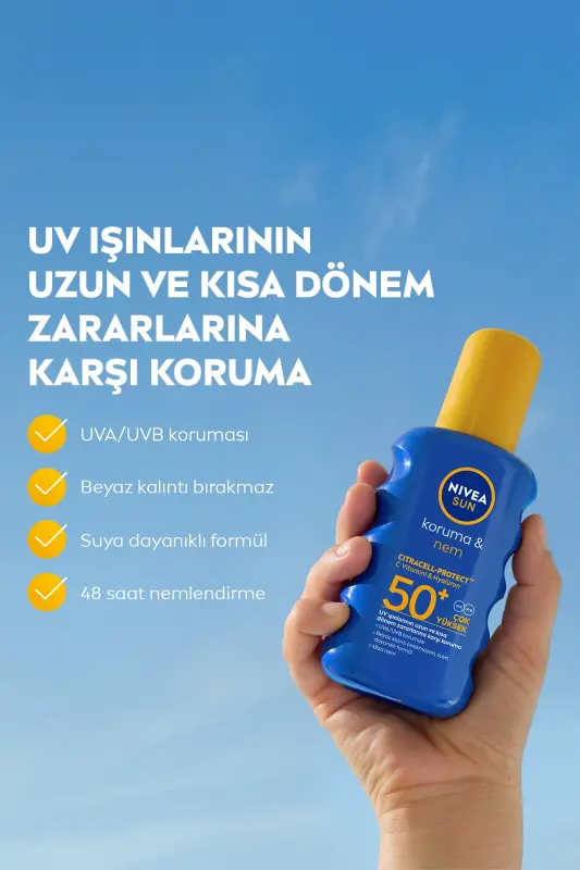 SUN SPF 50+ Yüksek Güneş Koruyucu ve Nemlendirici Vücut Spreyi 200ml, Suya Dayanıklı - 2