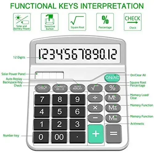 Solar & AA Battery Dual Power Electronic Calculator - 12-Digit Large Display (2 Basic Black & 1 Updated Silver) - 2