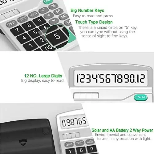 Solar & AA Battery Dual Power Electronic Calculator - 12-Digit Large Display (2 Basic Black & 1 Updated Silver) - 3