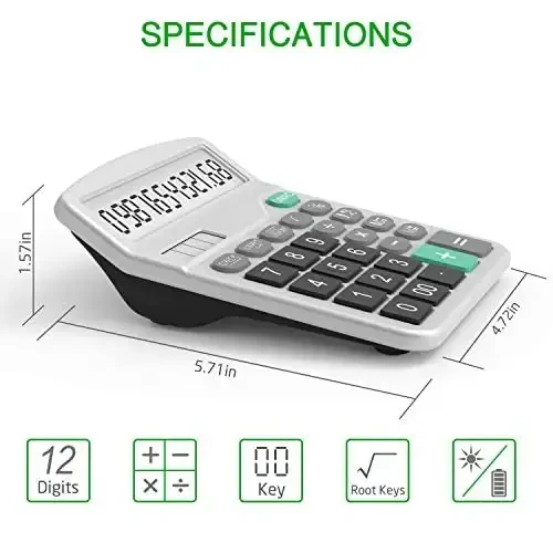 Solar & AA Battery Dual Power Electronic Calculator - 12-Digit Large Display (2 Basic Black & 1 Updated Silver) - 5