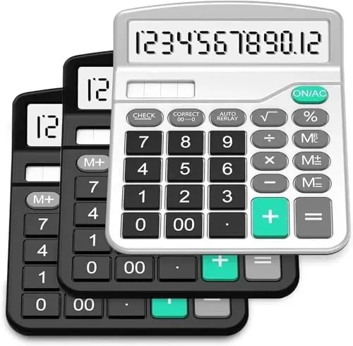 Solar & AA Battery Dual Power Electronic Calculator - 12-Digit Large Display (2 Basic Black & 1 Updated Silver) - SPLAKS