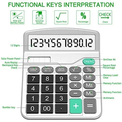 Solar & AA Battery Dual Power Electronic Calculator - 12-Digit Large Display (2 Basic Black & 1 Updated Silver) - SPLAKS (1)