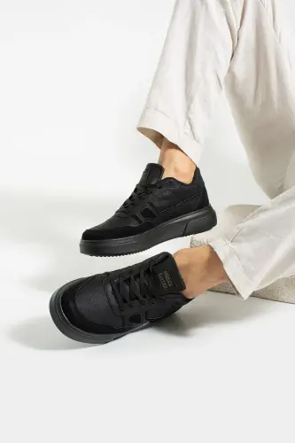 Günlük Erkek Siyah Sneaker Bağcıklı Dikişli Hafif Rahat Yürüyüş Spor Ayakkabı 2029 - Siyah - Siyah 2029 - İMERSHOES (1)