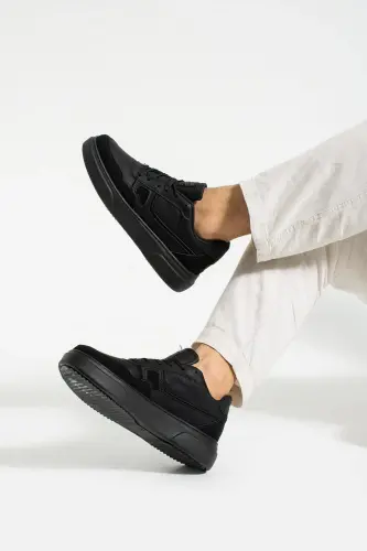 Günlük Erkek Siyah Sneaker Bağcıklı Dikişli Hafif Rahat Yürüyüş Spor Ayakkabı 2029 - Siyah - Siyah 2029 - 3