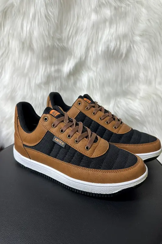 Günlük Erkek Taba Siyah Sneaker Bağcıklı Rahat Fileli Hava Alabilen Yürüyüş Spor Ayakkabısı 014 - SİYAH - TABA - 1