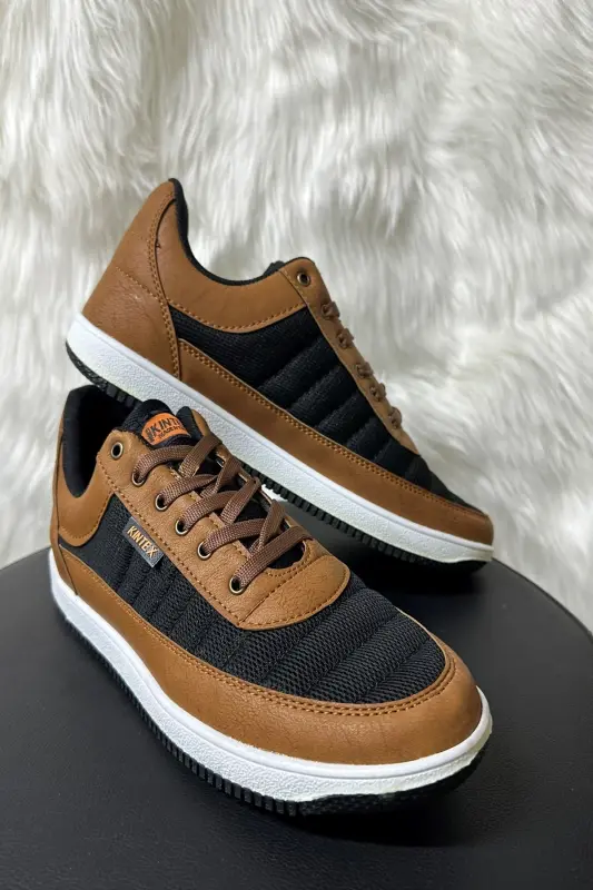Günlük Erkek Taba Siyah Sneaker Bağcıklı Rahat Fileli Hava Alabilen Yürüyüş Spor Ayakkabısı 014 - SİYAH - TABA - 2