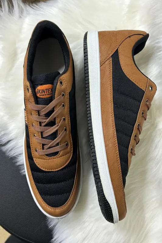Günlük Erkek Taba Siyah Sneaker Bağcıklı Rahat Fileli Hava Alabilen Yürüyüş Spor Ayakkabısı 014 - SİYAH - TABA - 4
