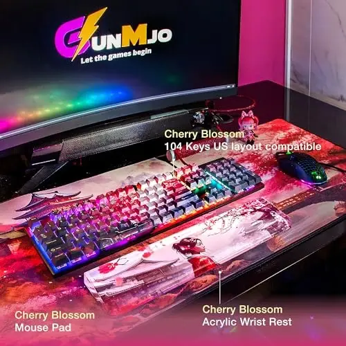 GUNMJO PBT Dye-Sublimation Cherry Blossom Keycaps for Gaming Keyboard with Cherry MX Switches Mechanical Keyboard, OEM Profile 61/87/Full 104 Keys US Layout - 2