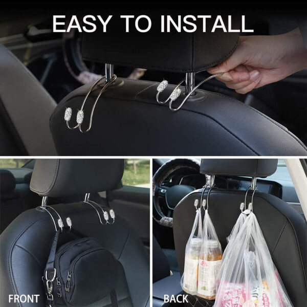 Guoord 【2024 Upgraded】 Car Headrest Hook Decorations, 2 Pcs Bling Purse Hook Hangers, Stainless Hooks Car Hangers and Durable Backseat Holder, Storage Universal for SUV Truck Vehicle(White) - 2