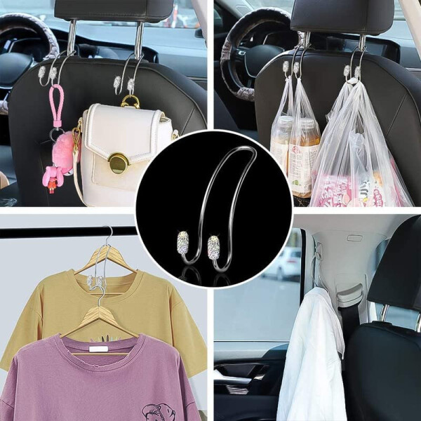 Guoord 【2024 Upgraded】 Car Headrest Hook Decorations, 2 Pcs Bling Purse Hook Hangers, Stainless Hooks Car Hangers and Durable Backseat Holder, Storage Universal for SUV Truck Vehicle(White) - 3