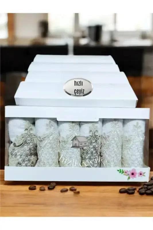 Güpürli Saten Ishlama Desenli Qutili Hasamatli Sep 50x30 6 dona Qo'l Yuz Sochig'i To'plami - kapiçino - HIZLI ÇEYIZ